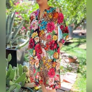Johnny Was Sandra Seaside Dress XS Floral Butterfly Leopard Cotton Pockets Boho